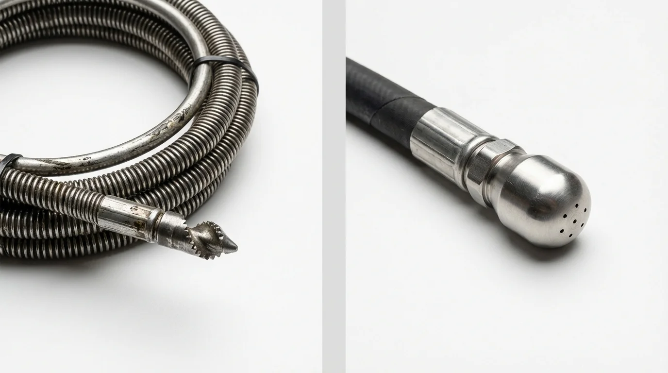 Drain snake cable and hydro jetting nozzle used for drain cleaning in Oswego, NY