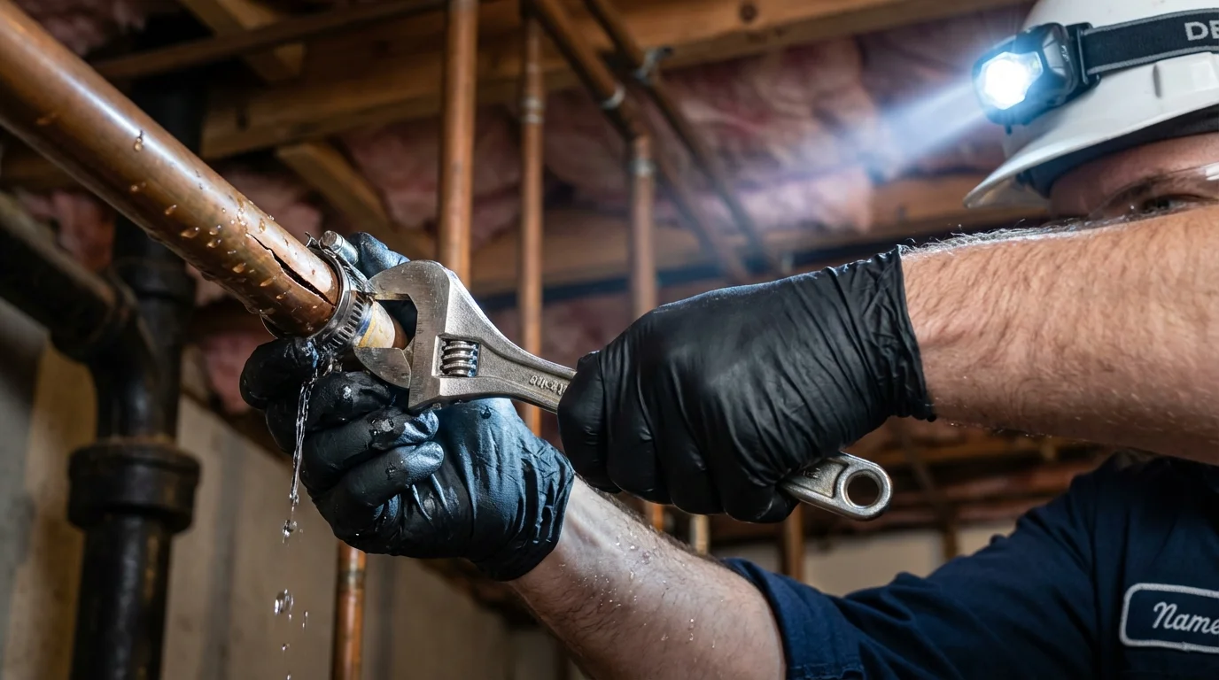 Emergency pipe clamp repair being performed by a Johns Plumbing LLC plumber in Oswego