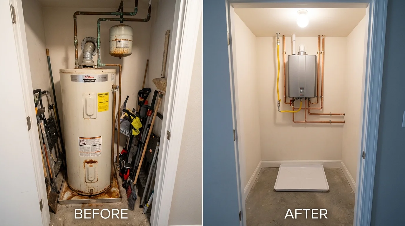 Tank water heater versus wall-mounted tankless unit comparison for Oswego, NY homeowners