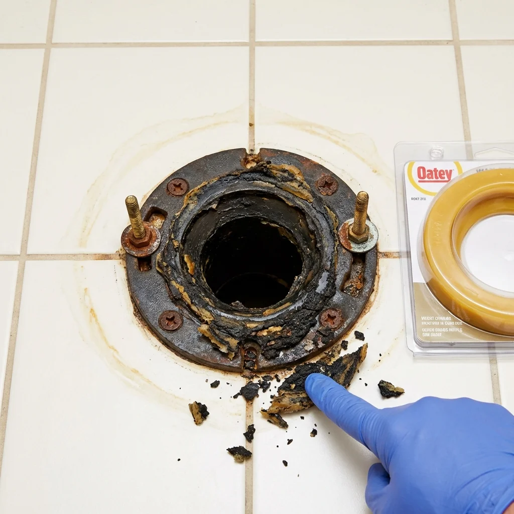 Failed wax ring showing water seepage at the base of a toilet in a Oswego, NY home