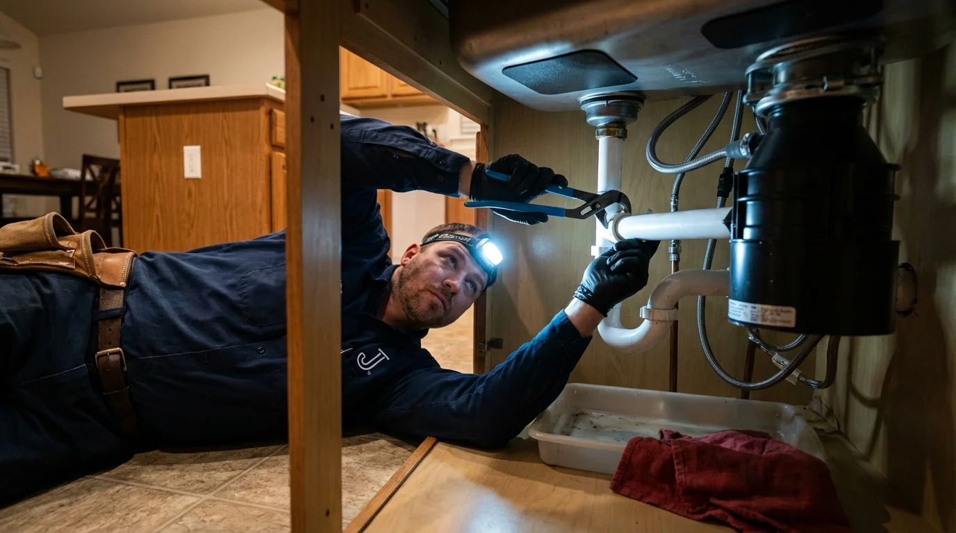 P-trap and supply line connections under a kitchen sink showing a common leak point in Oswego, NY